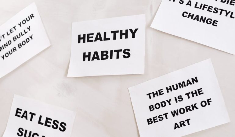 Motivational cards promoting healthy habits and positive thinking for lifestyle change.